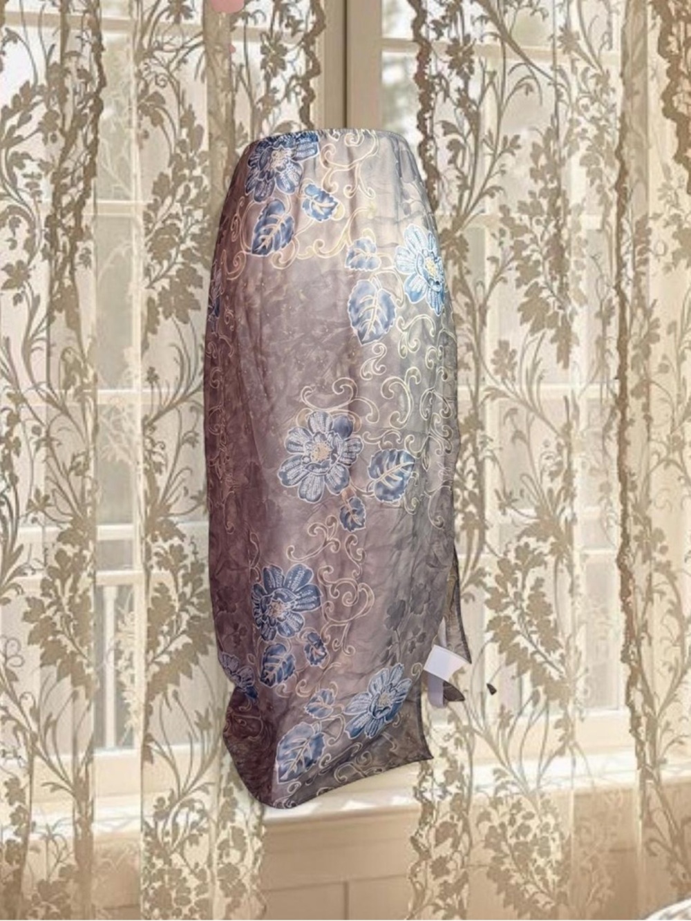 Vintage Y2K 90s Whimsygoth Grey & Blue Floral Maxi Skirt with Side Slit